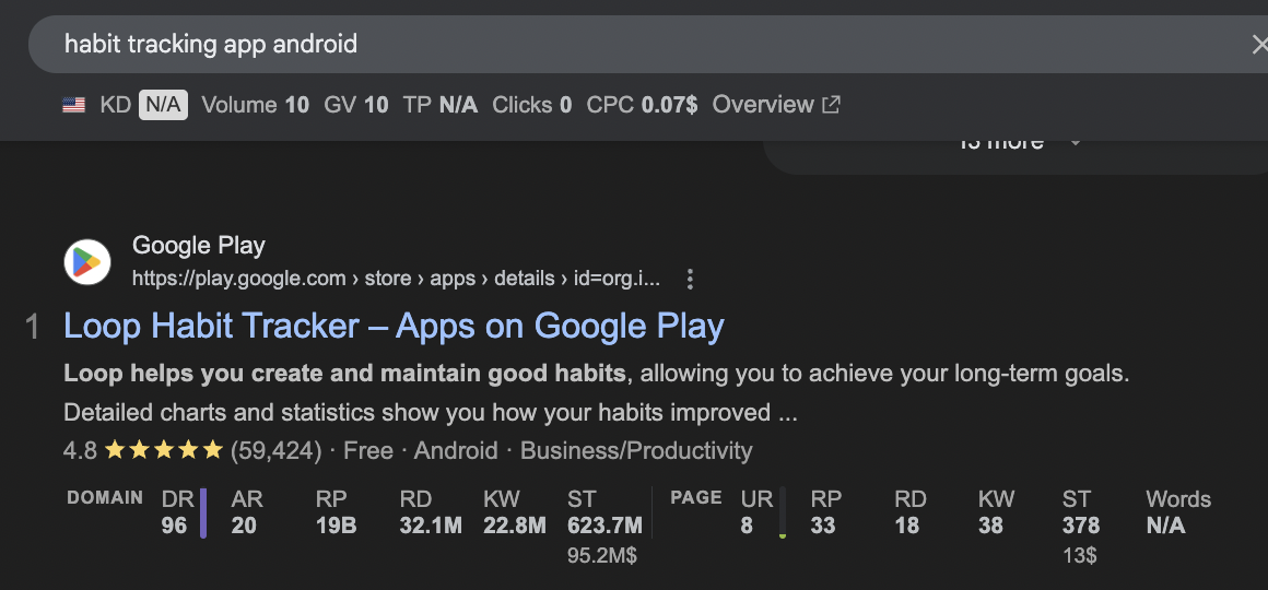 example of app store link ranking on google