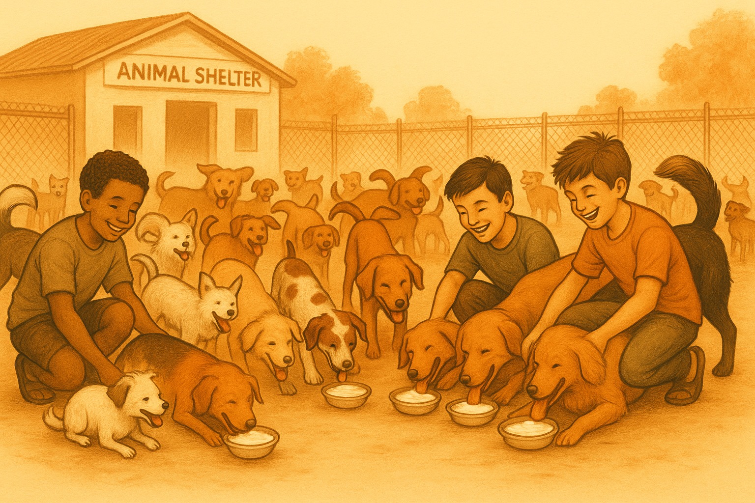 Links That Feed campaign artwork with many dogs eating curd and boys spreading kindness at an animal shelter.